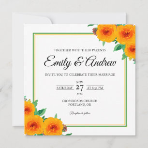 Invitation Cadre de Rose Jaune Floral Aquarelle Carré Mariage