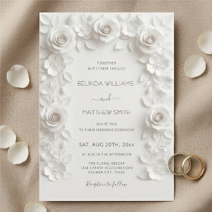 Invitation Cadre de roses en relief faux blanc mariage minima