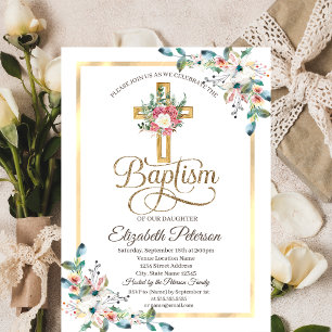 Invitation Cadre de roses florales croisées Baptême