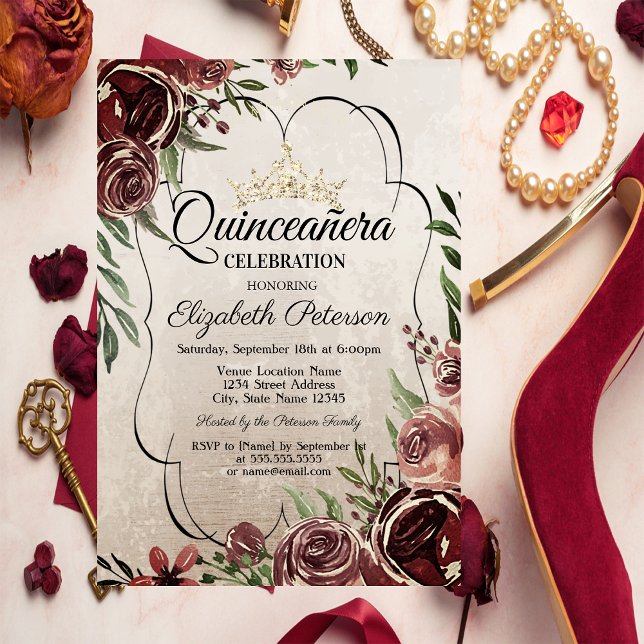 Invitation Cadre de roses rouges Quinceañera (Créateur téléchargé)