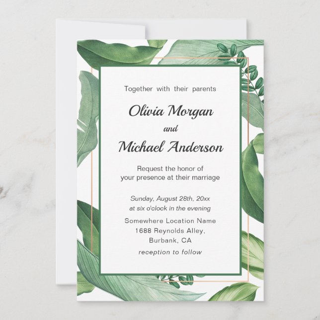 Invitation Cadre de verdure tropicale et d'or. Mariage modern (Devant)