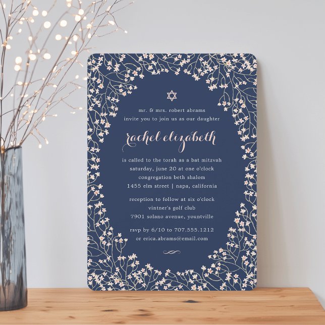 Invitation Cadre délicat | Bat mitzvah floral Blush & Navy (Créateur téléchargé)