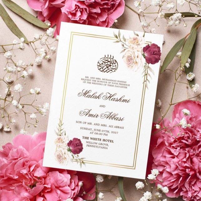 Invitation Cadre d'or blanc Floral musulman Mariage musulman  (Créateur téléchargé)