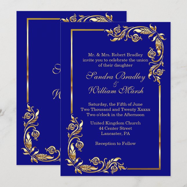 Invitation Cadre d'or Elégant bleu marine avec impression or (Devant / Derrière)