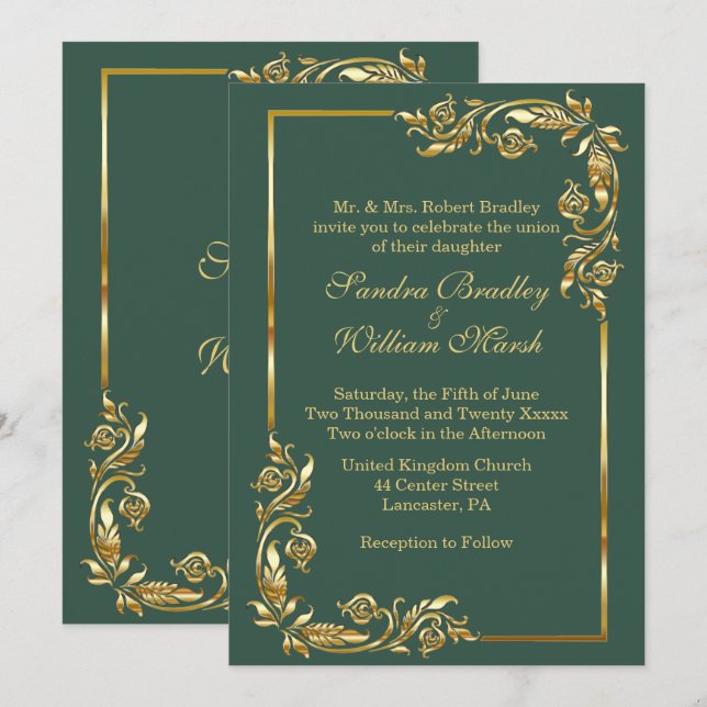 Invitation Cadre d'or Elegant Forêt Vert avec / Or Impression (Devant / Derrière)