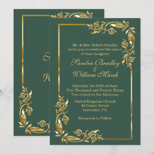 Invitation Cadre d'or Elegant Forêt Vert avec / Or Impression