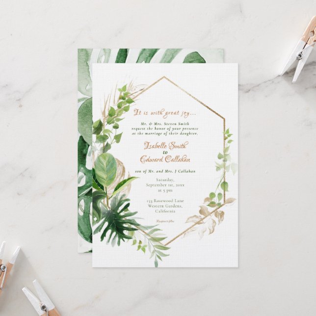 Invitation Cadre d'or géométrique Tropical Green Feuille Mari (Devant/Arrière en situation)