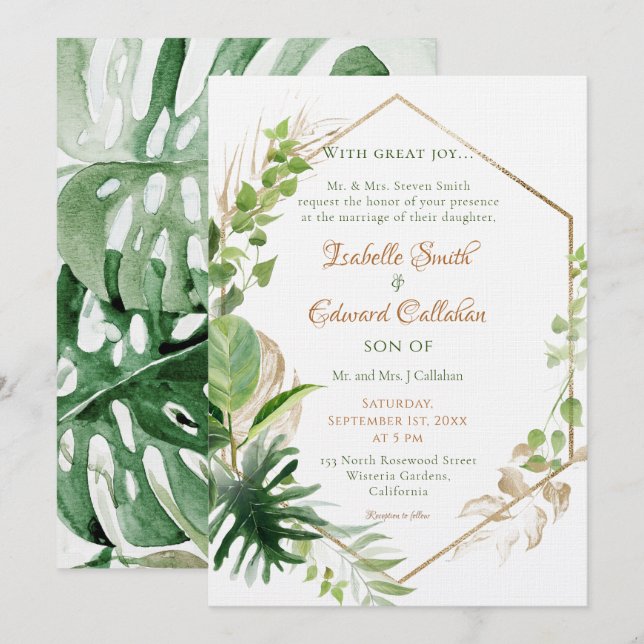 Invitation Cadre d'or géométrique Tropical Green Feuille Mari (Devant / Derrière)