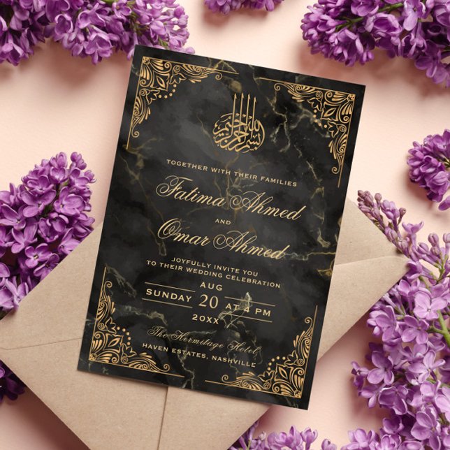 Invitation Cadre d'or Marbre noir Mariage musulman islamique (Créateur téléchargé)