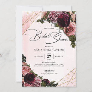 Invitation Cadre doré aux angles fleuris mauve rousse et bord