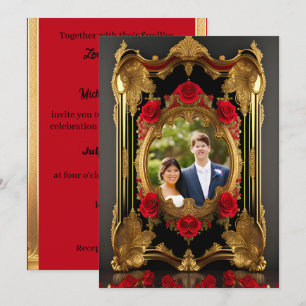 Invitation Cadre doré aux roses rouges, photo de style gothiq