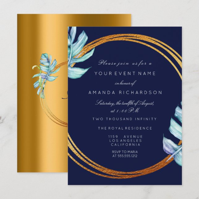 Invitation Cadre doré bleu marine Monogramme tropical Mariage (Devant / Derrière)