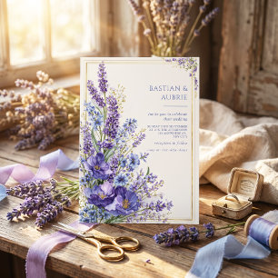 Invitation Cadre doré botanique romantique pavot violet profo