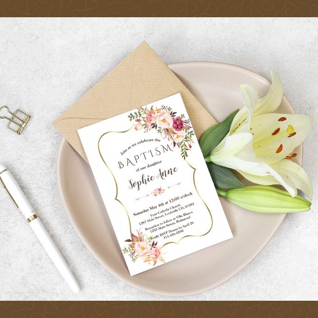 Invitation Cadre doré charmant Fleurs rose pâle Baptême (Créateur téléchargé)