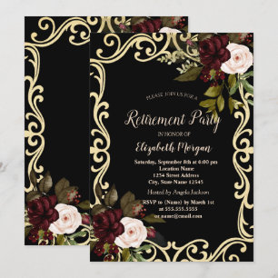 Invitation Cadre doré élégant Roses bordeaux Retraite noire