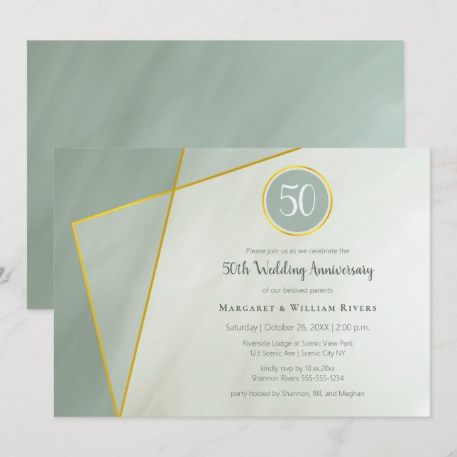 Invitation cadre doré en jade grisé pour 50e anniversaire (Devant / Derrière)
