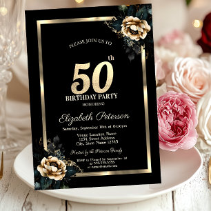 Invitation Cadre doré Fleur Élégante Anniversaire 50 ans Noir