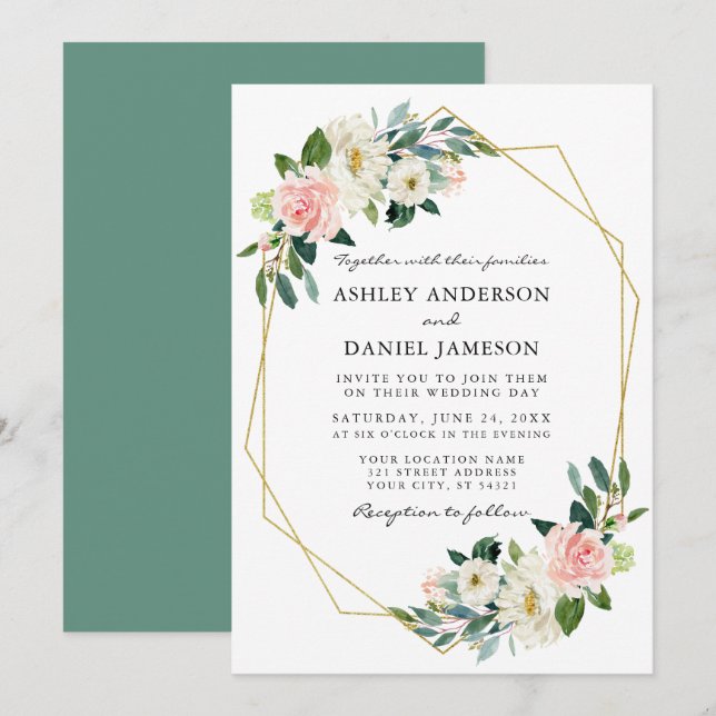 Invitation Cadre doré floral rose blush aquarelle (Devant / Derrière)