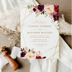 Invitation Cadre doré géométrique mariage floral bordeaux