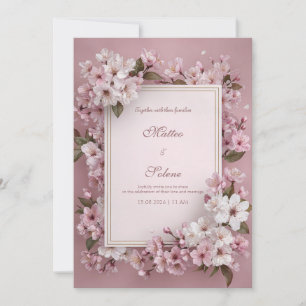 Invitation Cadre doré luxueux mariage cerisier rose pâle