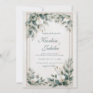 Invitation Cadre Doré Mariage Floral Végétal Poussiéreux Sage
