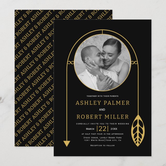Invitation Cadre doré moderne avec feuille et mariage photo (Devant / Derrière)