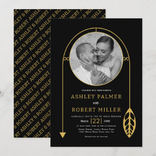 Invitation Cadre doré moderne avec feuille et mariage photo