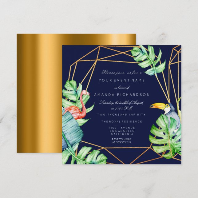 Invitation Cadre doré Monstera Flamingo Tropical Mariage Navy (Devant / Derrière)