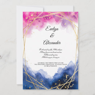 Invitation Cadre doré rose carmin luxueux bleu marine aquarel