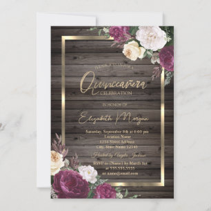 Invitation Cadre doré Roses bordeaux Quinceañera en bois