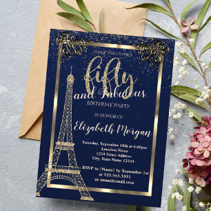 Invitation Cadre doré, Tour Eiffel Bleu Fête d'anniversaire 5