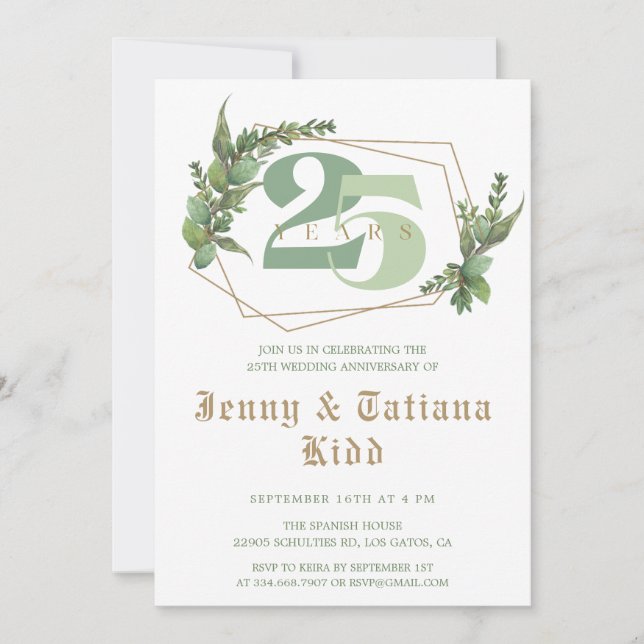 Invitation Cadre doré verdure 25e anniversaire Mariage (Devant)