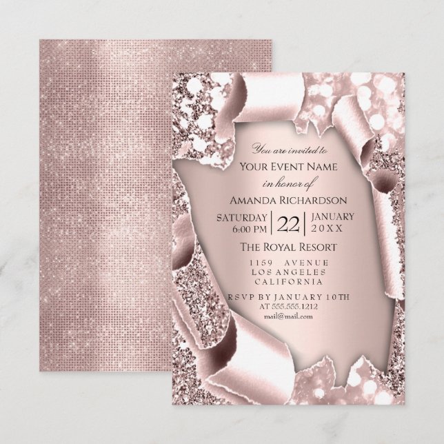 Invitation Cadre effet pailleté 3D Rose rose pour mariage  (Devant / Derrière)