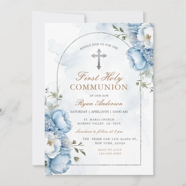 Invitation Cadre élégant Bleu Floral Première Communion Saint (Devant)
