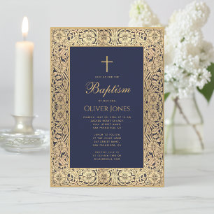 Invitation Cadre élégant bleu marine avec fleurs dorées pour 