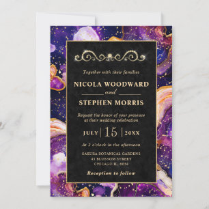 Invitation Cadre élégant en or agate céleste violet mariage