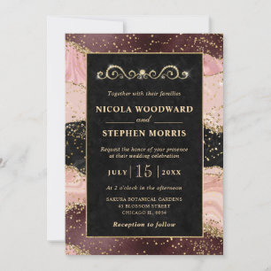Invitation Cadre élégant en or agate rose et noir pour mariag
