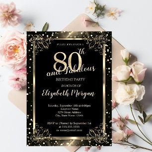 Invitation Cadre élégant en or, fête d'anniversaire de 80 ans