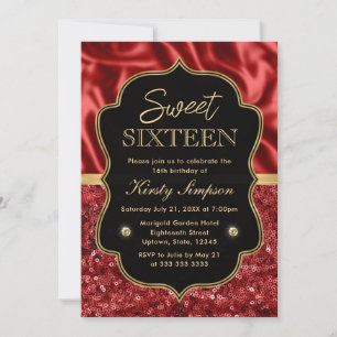 Invitation Cadre élégant en satin rouge et doré pailleté pour