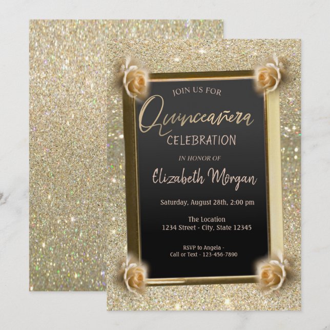 Invitation Cadre élégant Fleurs chic, Rose Quinceañera (Devant / Derrière)