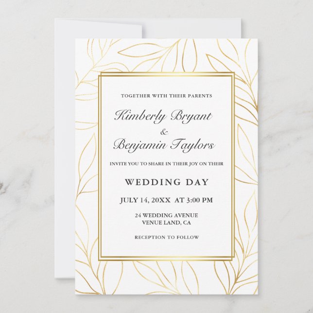 Invitation Cadre élégant. Gold Airy Foliage. Mariage chic (Devant)