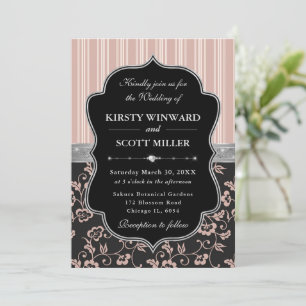 Invitation Cadre Élégant Noir Argent Fleurs Mariage