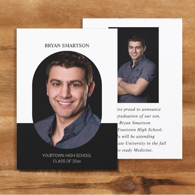 Invitation Cadre élégant noir blanc 2 côtés photo de graduati (Black and white 2-photo graduation announcement

)