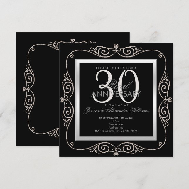 Invitation Cadre élégant perlé pour les 30 ans de mariage (Devant / Derrière)