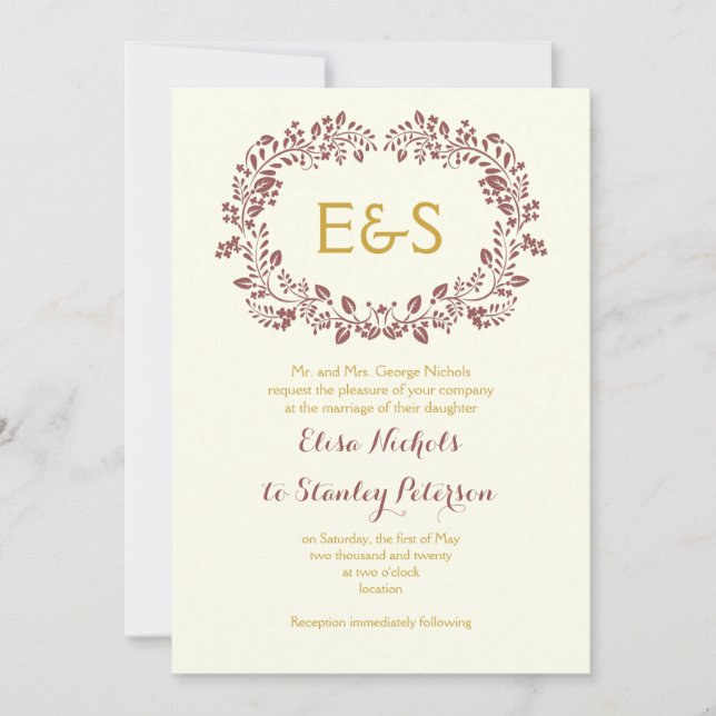 Invitation Cadre en feuille de Marsala avec initiales mariage (Devant)