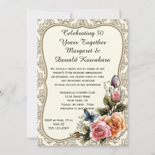 Invitation Cadre en or damassé Roses 50e anniversaire