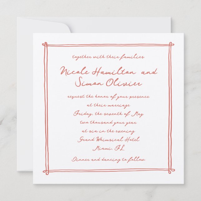 Invitation Cadre esquissé corail Whimsical main tiré Mariage (Devant)