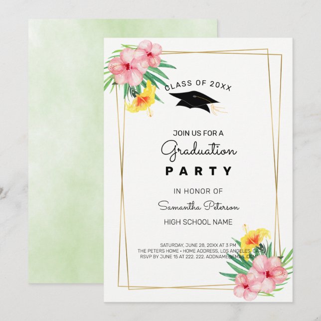 Invitation Cadre Et Fleurs D'Or (Devant / Derrière)