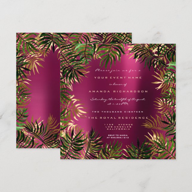 Invitation Cadre feuille de palmier vert tropical rose frambo (Devant / Derrière)