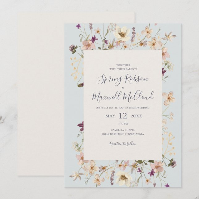 Invitation Cadre Fleur sauvage ressort Bleu clair Mariage Déc (Devant / Derrière)